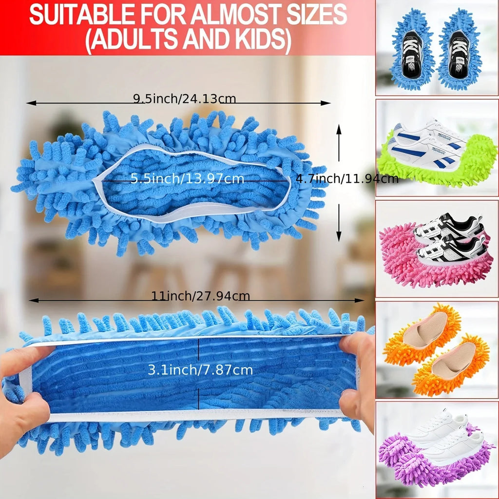 Showlu microfiber mop slippers with washable chenille cleaning socks, designed for easy floor cleaning and dust removal.