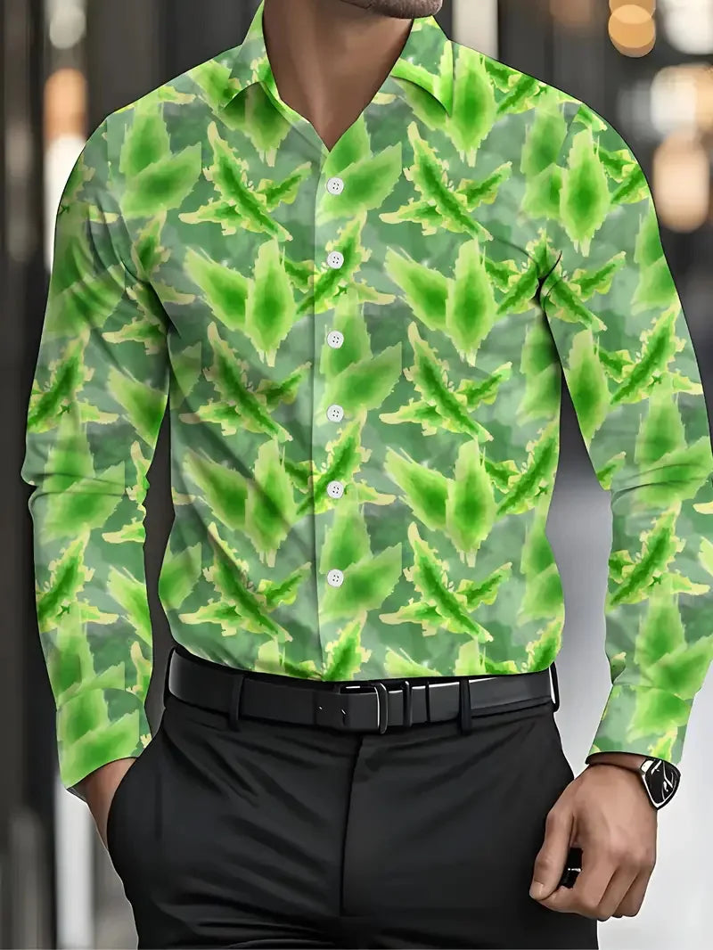 Men's casual long sleeve shirt with colorful 3D splash print and flap design by Showlu Fashion Store.