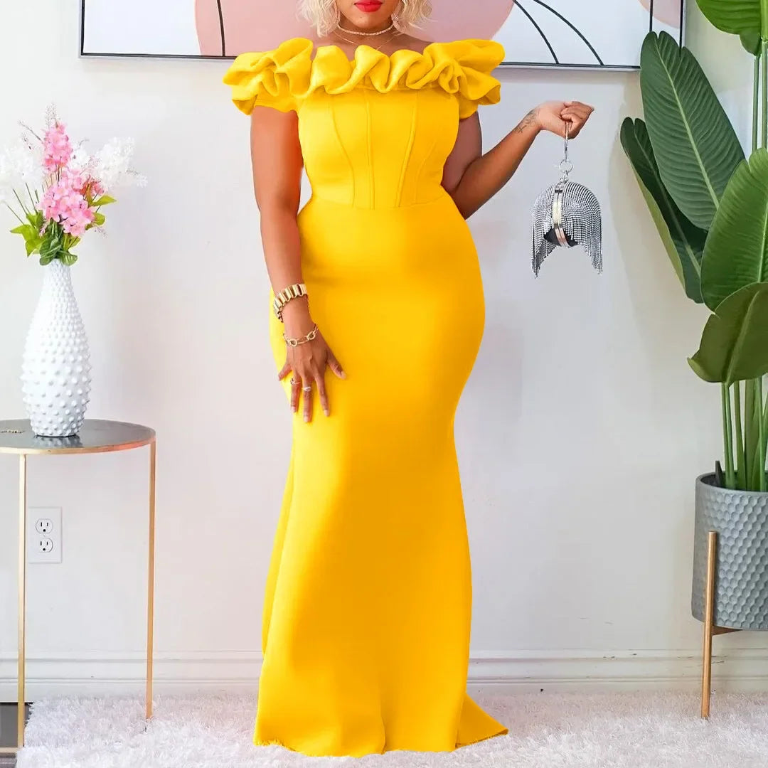 SHOWLU FASHION STORE women's off-shoulder ruffle evening gown with slim fit, perfect for parties and formal events.