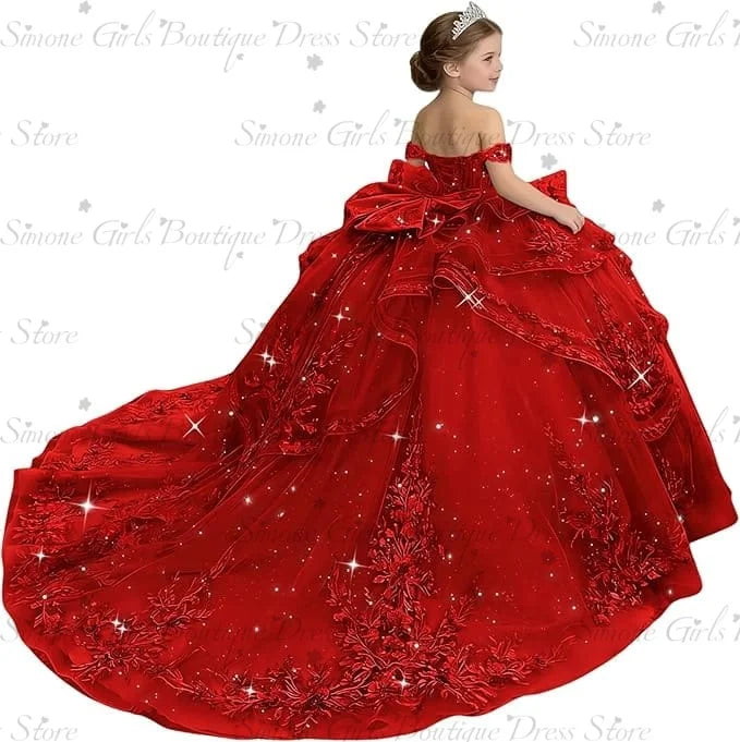 Princess Off Shoulder Flower Girl Dress for Wedding Kids Lace Appliqued Tulle Pageant Dress Customized Birthday Party Ball Gown