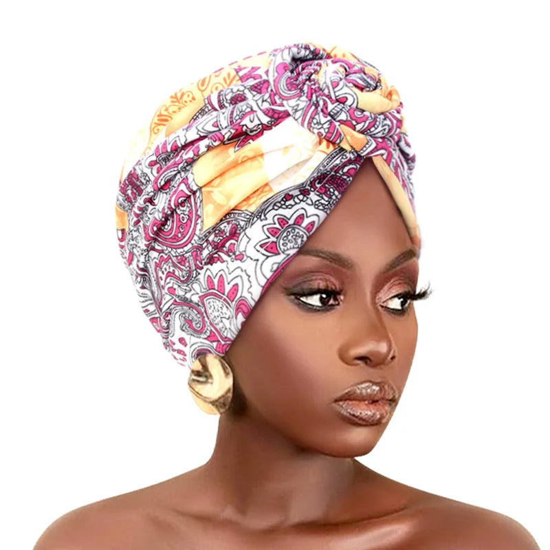 African print pleated turban floral beanie with pre-tied front knot, elastic head wrap, suitable for women and chemo headwear.
