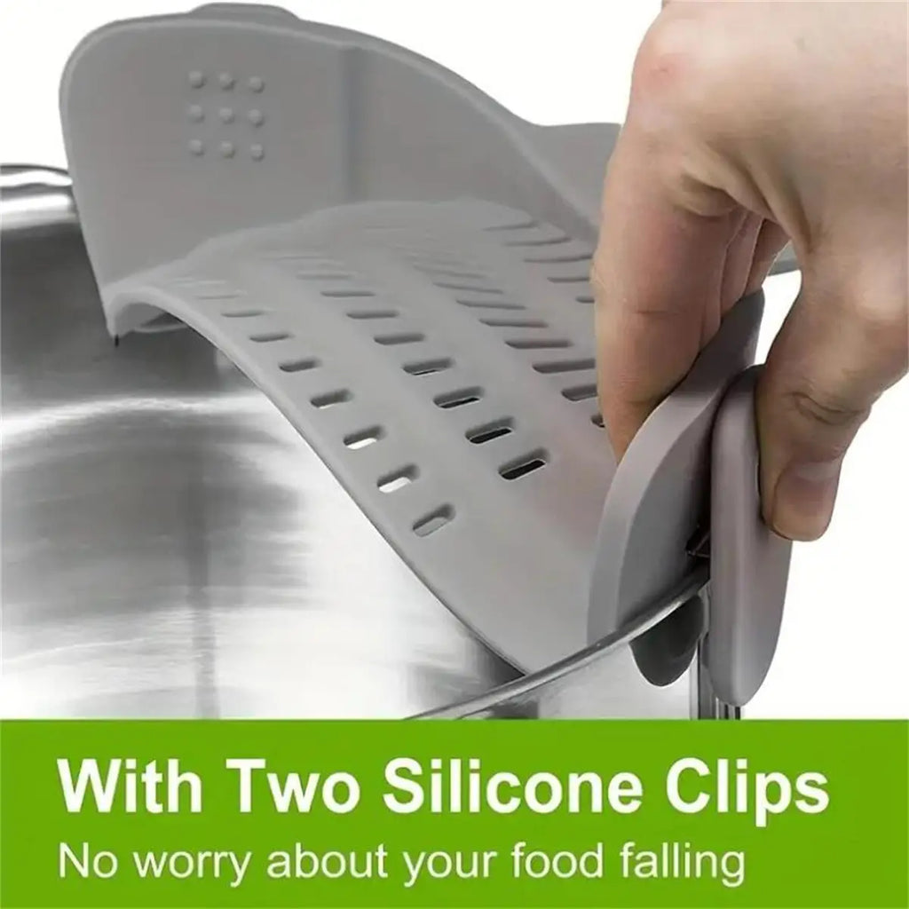Showlu Smart General clip-on pot strainer attached to a pot, showcasing its practical design for easy draining and straining.
