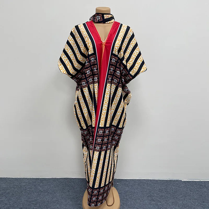 Elegant African dress for women featuring traditional dashiki and Ankara patterns, long maxi gown with intricate details.