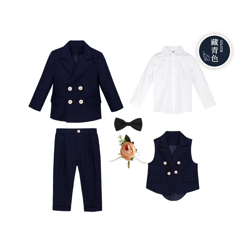 Children's formal burgundy suit set with jacket, pants, and vest, perfect for boys' birthday parties and special occasions.