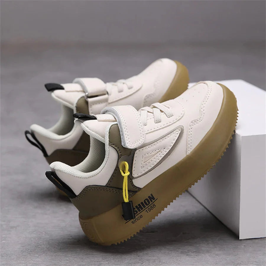 White leather kids' sneakers by SHOWLU FASHION STORE, breathable unisex casual sports shoes with comfortable design.