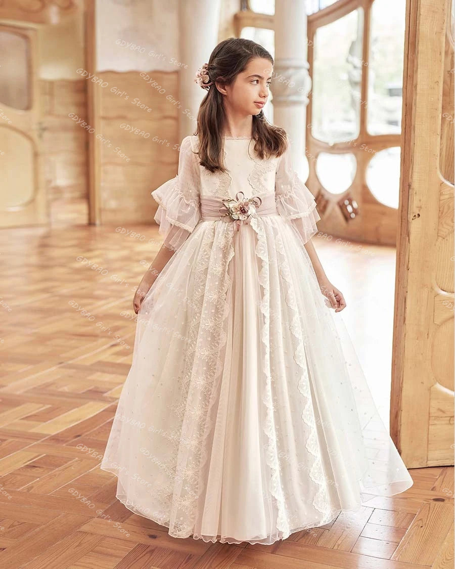 Elegant Gdybao A-Line lace flower girl dress with boat neck, perfect for first communion, by Showlu Fashion Store.