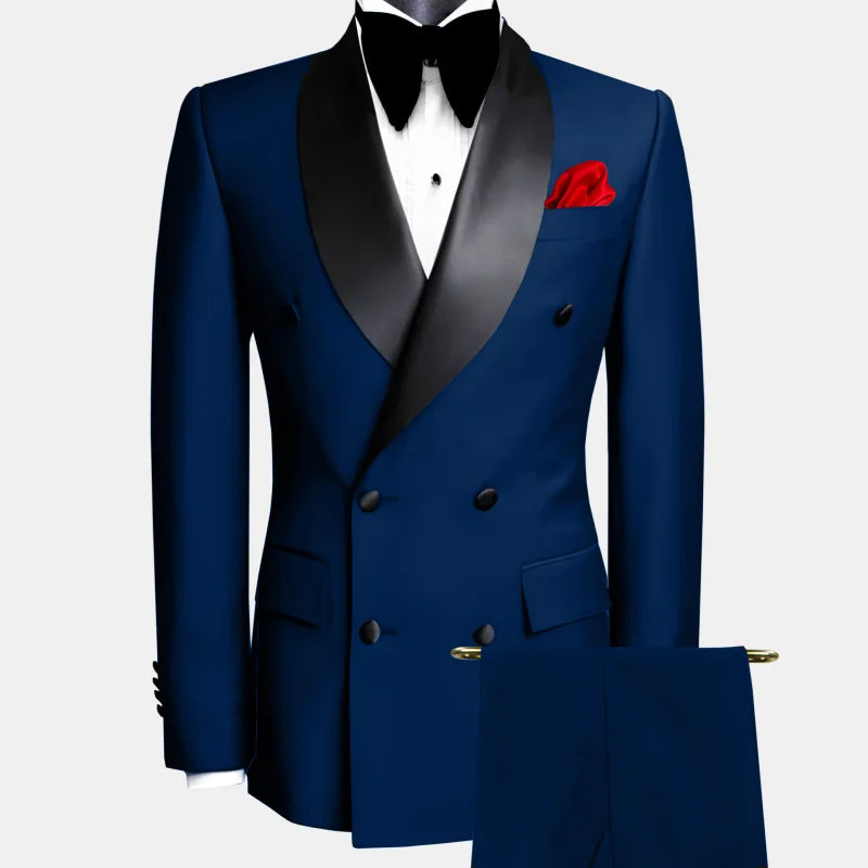 Black men's 2-piece double-breasted suit by Showlu Fashion, featuring a smart casual style with tailored fit and classic lapel design.