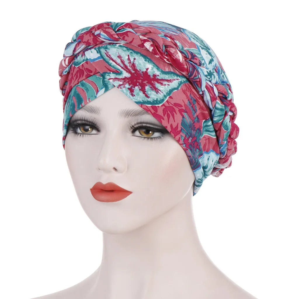 European and American print leopard hair milk silk scarf hat with floral accents, short braid, perfect as a Muslim hijab or fashion accessory.