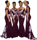 Burgundy off-the-shoulder mermaid satin bridesmaid dress by JC&STAR, flowing fit with elegant design, shown on a model.