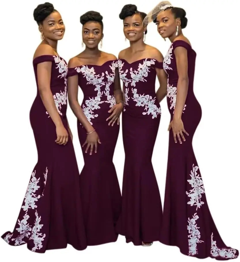 Burgundy off-the-shoulder mermaid satin bridesmaid dress by JC&STAR, flowing fit with elegant design, shown on a model.