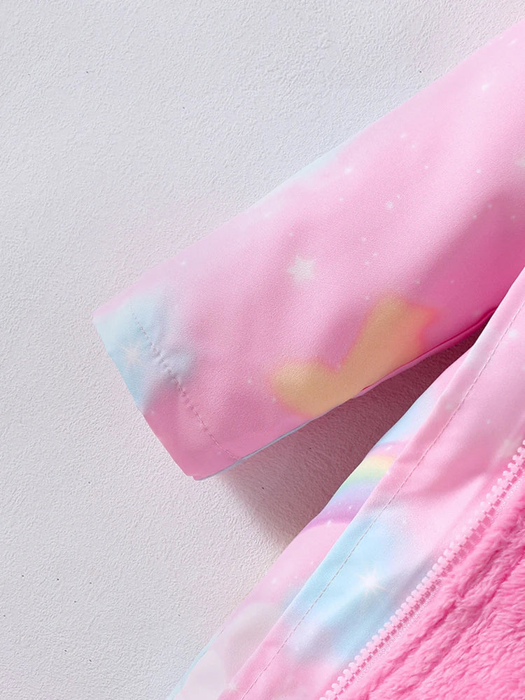 Pink unicorn winter coat for girls by Showlu Fashion Store, thick cotton padded jacket with cozy, stylish design.