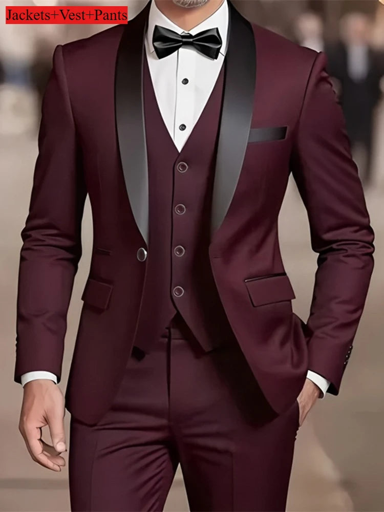 Men's Formal Suit Set Business Casual Slim Fit Tuxedo for Wedding, Long Sleeve Notch Lapel, Groom