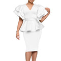 Women's V-neck ruffle sleeve peplum midi dress by SHOWLU FASHION, featuring a fitted bodycon silhouette and elegant design.