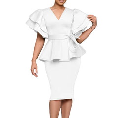 Women Short Sleeve V-Neck Ruffle Sleeve Peplum Bodycon Midi Dress 2025 Latest Fashion Summer African OL Work Evening Party Dress