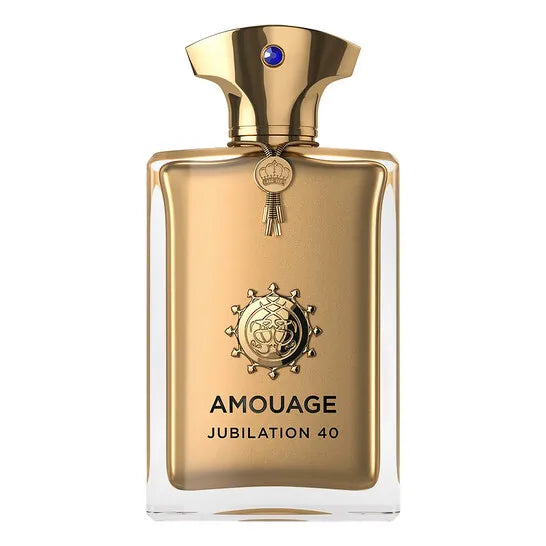 Amouage Jubilation 40 man floral perfume spray in 100ml bottle with elegant floral design, shown in a sleek glass container.