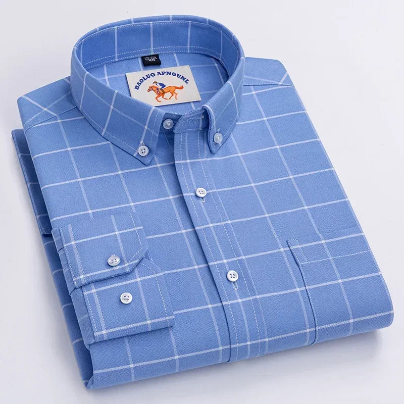 White men's casual cotton Oxford shirt with long sleeves, embroidery horse design, regular fit, fashion button-front, ideal for dress or casual wear