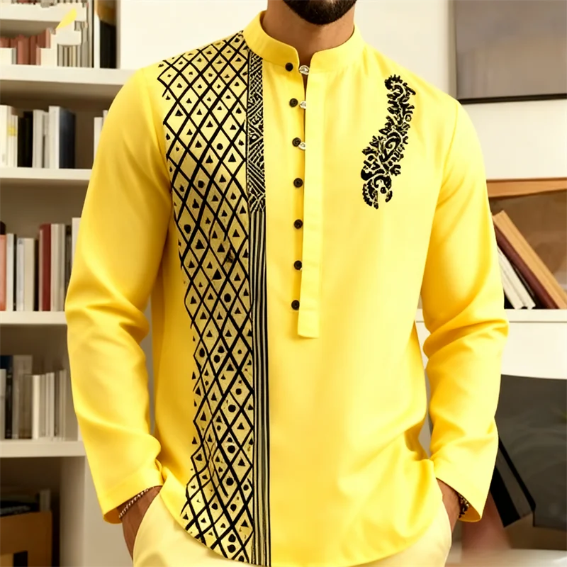 Men's long sleeve Henley shirt with 7 buttons, loose fit, in a casual beach style, by Showlu Fashion Store.