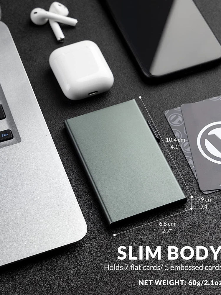 Slim metal RFID blocking pop-up card holder wallet by Showlu, featuring a minimalist design and multiple card slots.