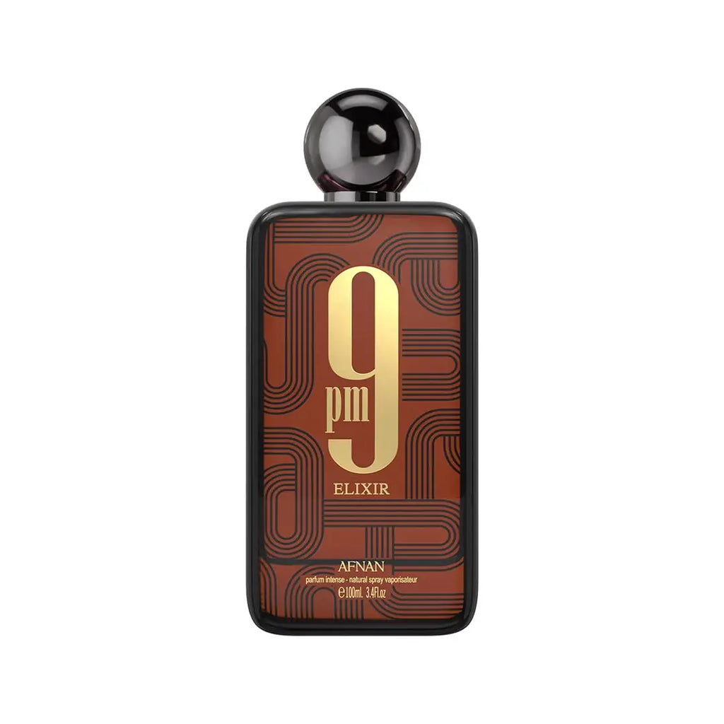 Afnan 9 PM Elixir unisex parfum bottle with sleek design, 3.4 fl oz, featuring elegant packaging and fragrance details.
