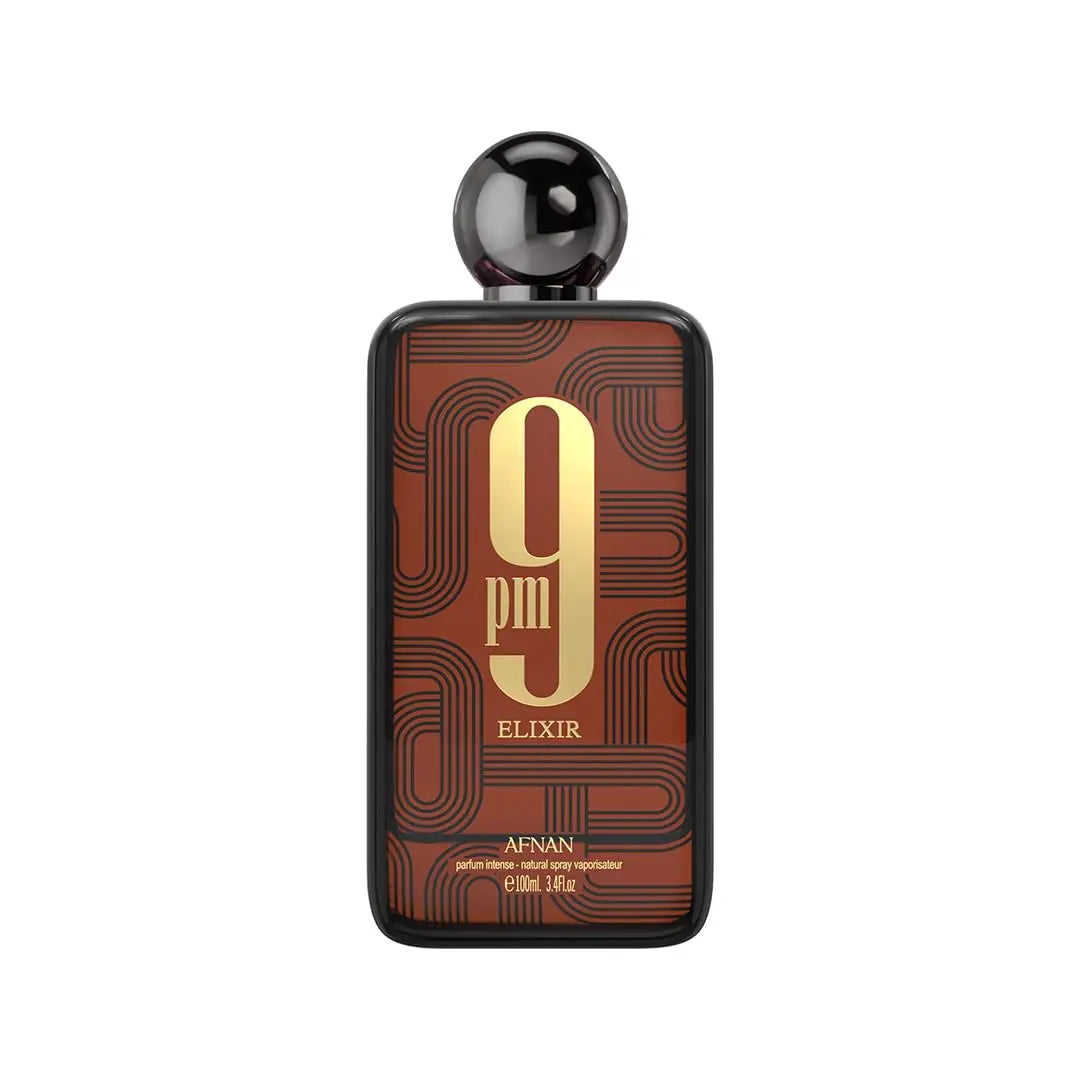 Afnan 9 PM Elixir unisex parfum bottle with sleek design, 3.4 fl oz, featuring elegant packaging and fragrance details.