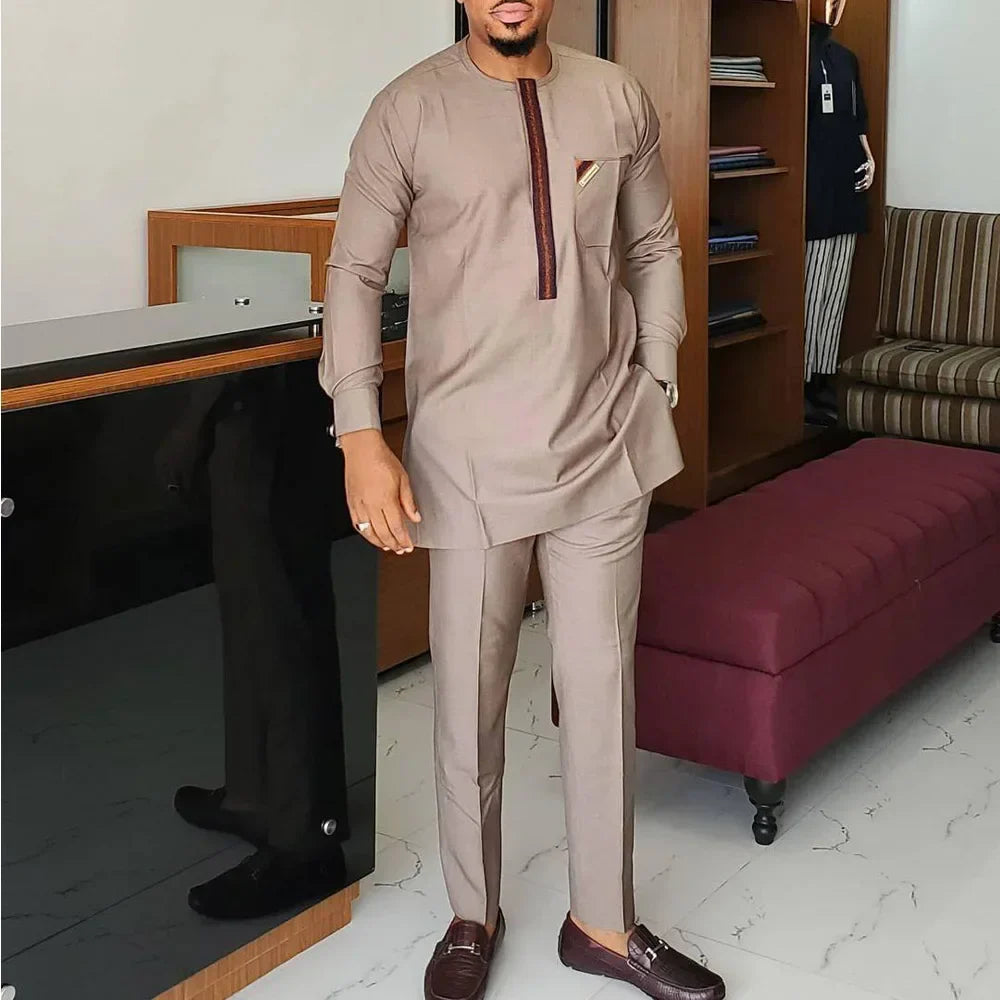Men's African Kaftan tracksuit by SHOWLU FASHION with embroidered 2-piece set, stylish and traditional clothing for men.