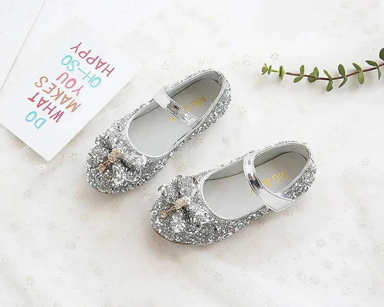 Showlu girls' princess flats with sequins and rhinestones, made of PU leather, featuring a stylish and comfortable design for kids.