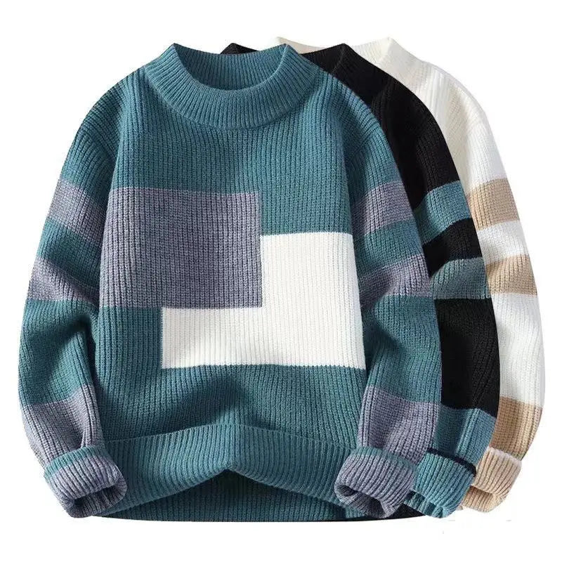 Men's autumn winter sweater with mock neck and patchwork contrast colors, long sleeves, and thick knitted fabric.