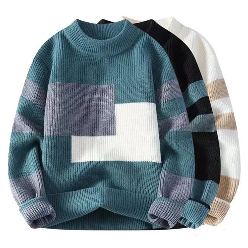 Men's autumn winter sweater with mock neck and patchwork contrast colors, long sleeves, and thick knitted fabric.
