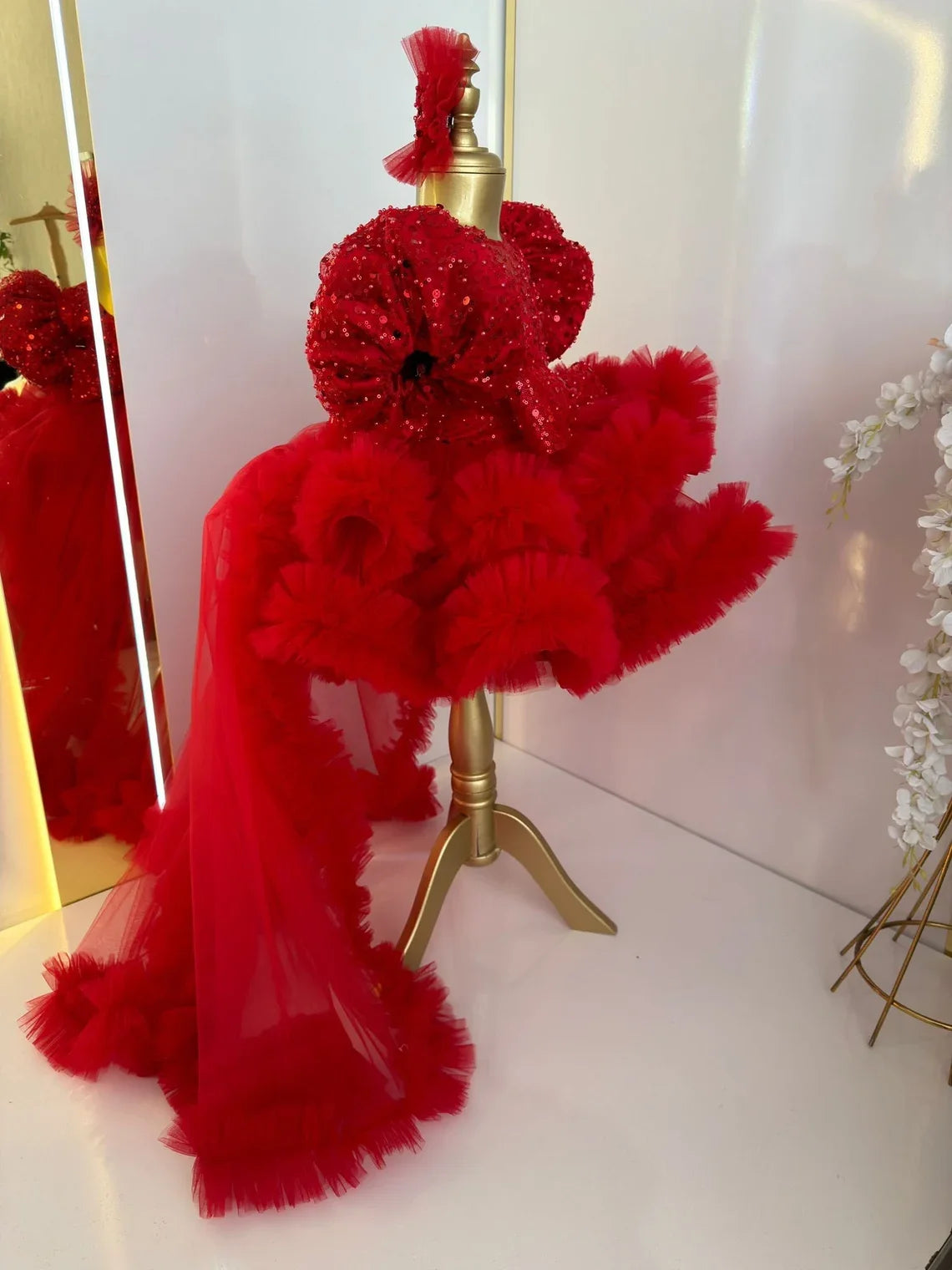 Customized Red Fluffy Baby Girl Birthday Princess Flower Girl Dresses for Weddings Party Pageant Tulle Prom Gown with Train