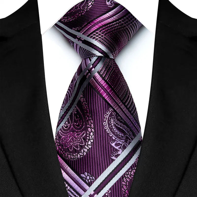 Purple men's necktie with floral plaid jacquard pattern, featuring stripes, ideal for business, wedding, or formal events.