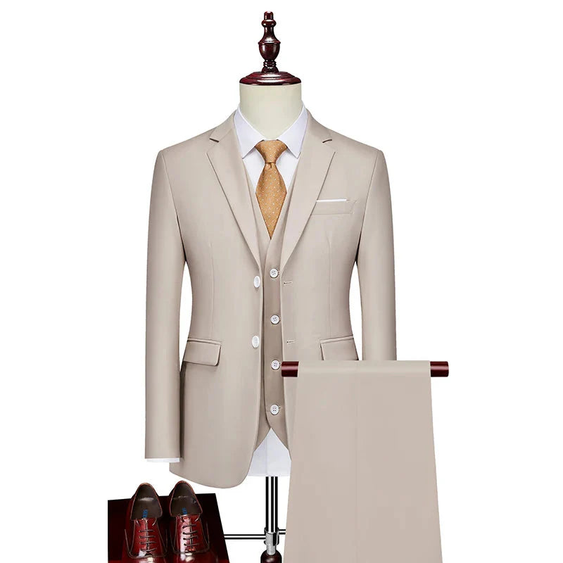 SHOWLU men's pink three-piece wedding suit, slim fit business casual with jacket, vest, and trousers, stylish and elegant.