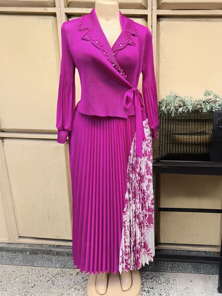 2025 Spring and Summer Vacation Two Pieces Miyake Pleated Printed Dress High-end Pleated Medium and Long Dress Women's Clothing
