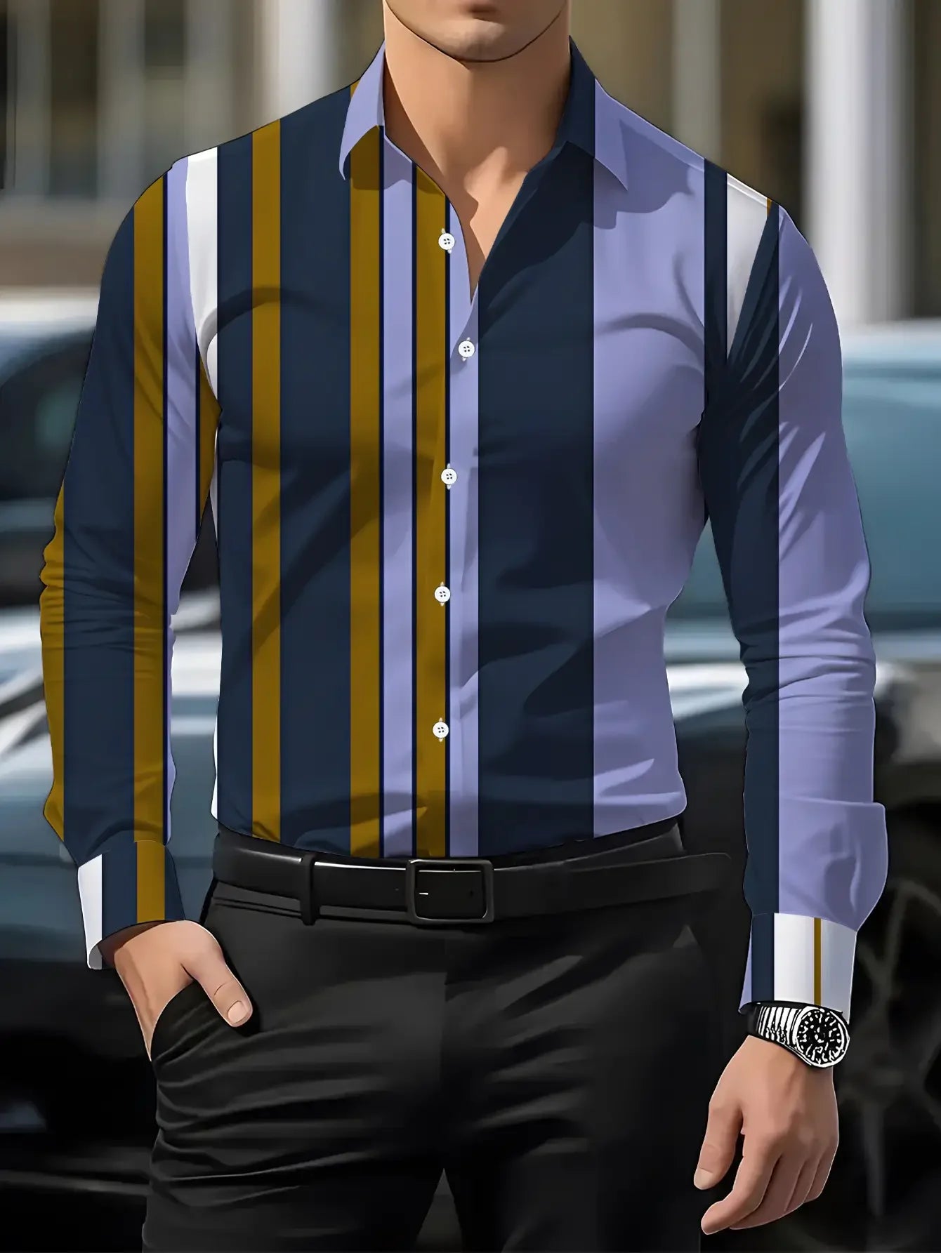 Showlu men's vertical striped long sleeve casual shirt in polyester fabric, featuring a stylish multicolor print.