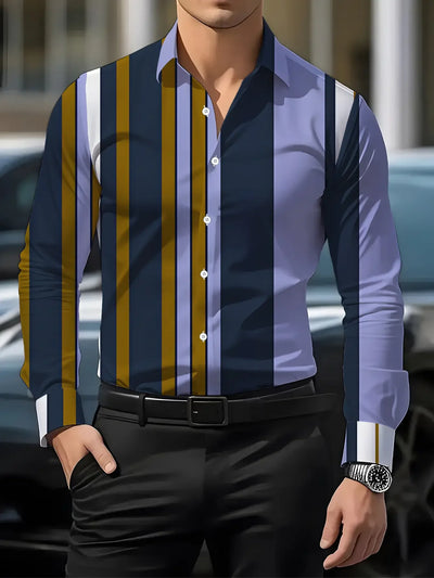 Showlu Men's Vertical Striped Long Sleeve Casual Shirt | Polyester Print