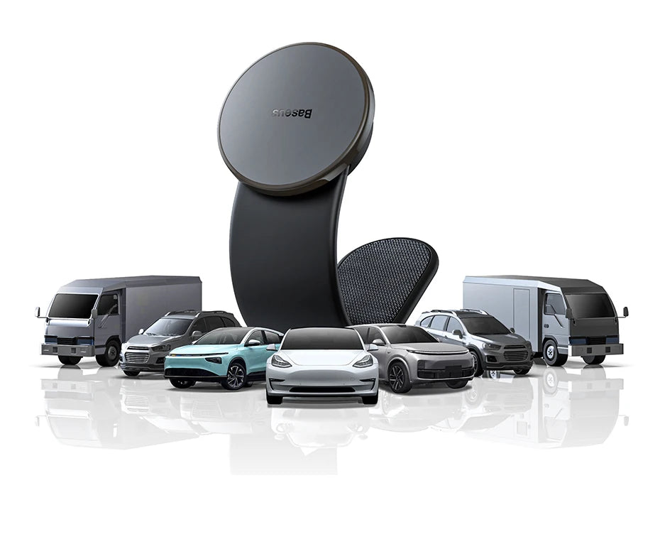 Magnetic foldable car phone holder for dashboard by Showlu Smart General, showing its adjustable design and secure phone attachment.