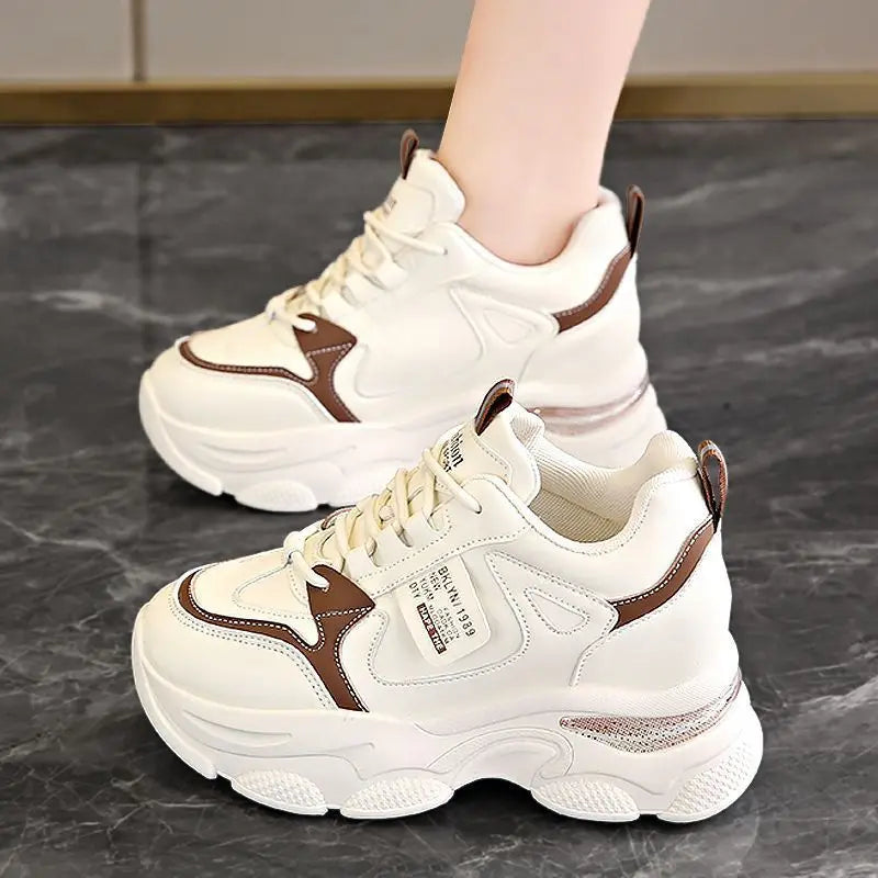 Women's lightweight white sports shoes with thick soles and height-increasing design, ideal for casual spring and autumn wear.