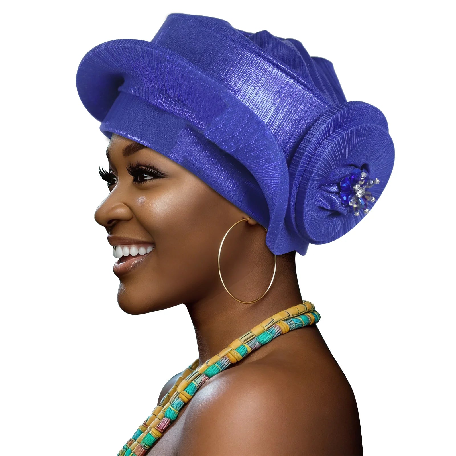 Nigerian headtie for 2026 Auto Gele Effortless style by Showlu Smart General, featuring intricate fabric and elegant design.