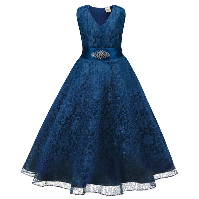 Pink princess style girls dress with mesh skirt, puffy design, sleeveless vest, suitable for wedding, party, or ceremony.