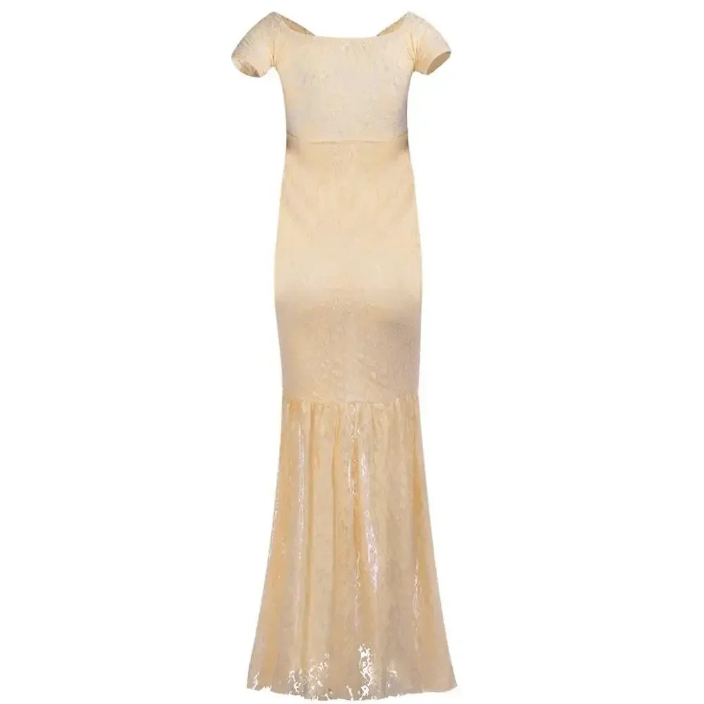 Showlu Fashion lace maternity photography dress with short sleeves and mermaid style, featuring elegant lace details.