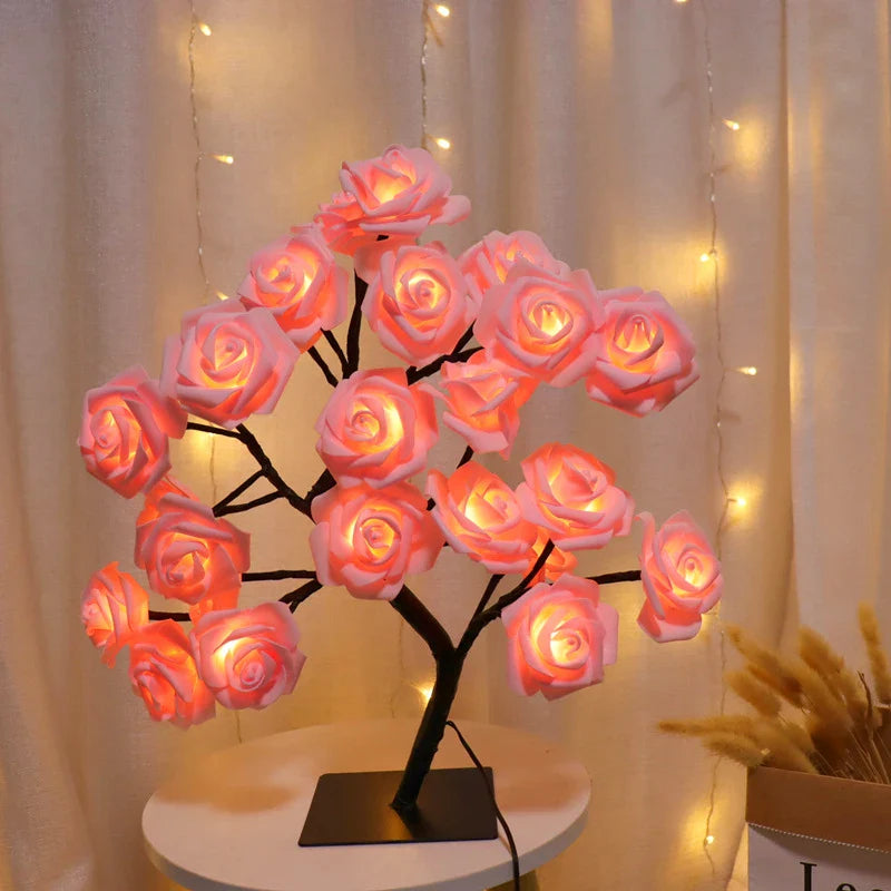 USB-powered LED rose tree lamp, decorative night light with illuminated pink flowers, ideal for cozy home or bedside decor