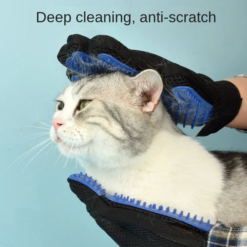 Showlu Fashion MOONBIFFY Pet Silicone Grooming Gloves with hair remover comb for cats and dogs, shown in use.
