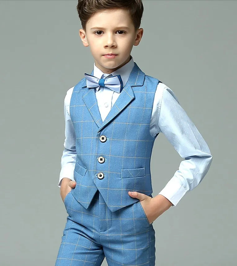 PsyMonster Boys 4-piece formal suit with striped vest, shirt, and pants, shown on a mannequin for SHOWLU FASHION STORE