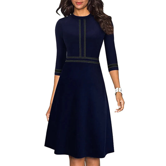 Holiday Dress 2024 Women Fashion Solid O-Neck Half Sleeve Dress Stripe Splice Zipper Mini Dress Elastic Waistband Dress платье