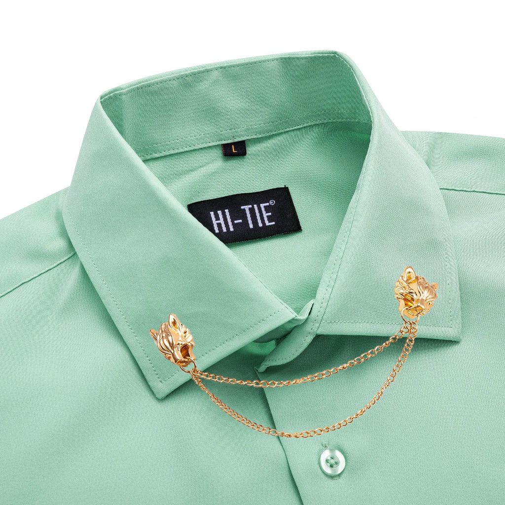 Hi-Tie Men's silk slim fit long sleeve shirt with solid jacquard pattern, formal top in a sleek, elegant design.