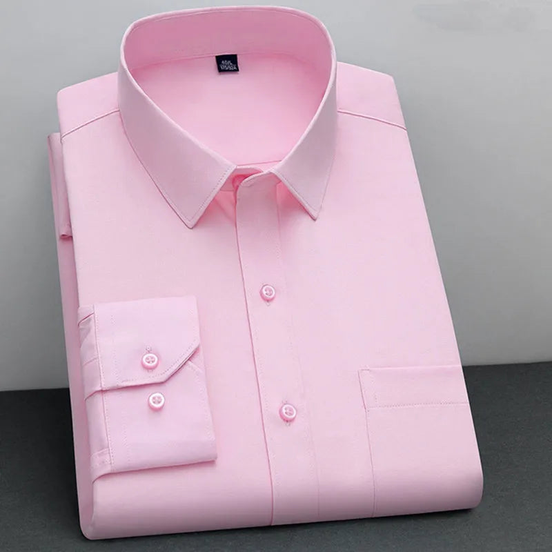 Showlu Fashion men's bamboo fiber non-iron long sleeve shirt, classic solid color, anti-wrinkle, business casual soft wear.