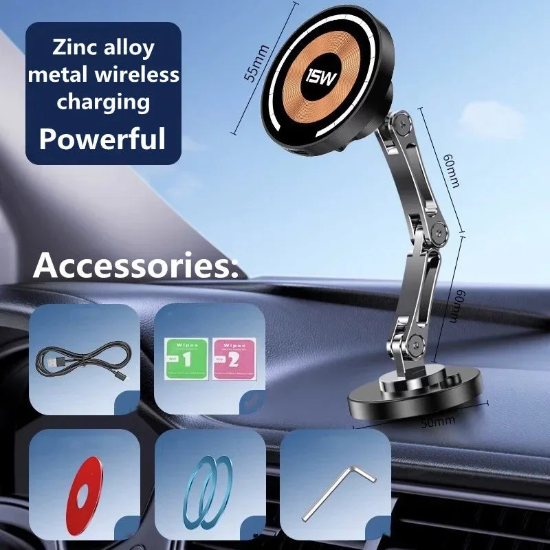 Showlu Smart General magnetic wireless car charger and phone holder with 15W charging capacity, mounted in a vehicle.