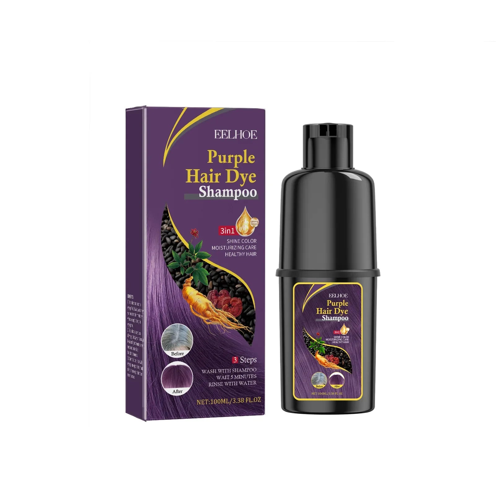 Jaysuing 3-in-1 black hair dye shampoo for grey hair coverage and repair, shown in a sleek black bottle with label detailing.