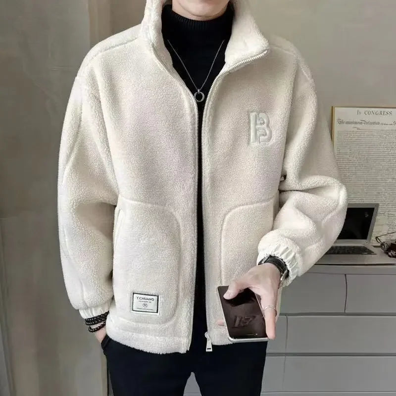 Fleeced Warm Stand Collar Thick Male Jackets Trend 2024 Luxury Padding Designer Vintage Men's Coats Winter Casual High Quality