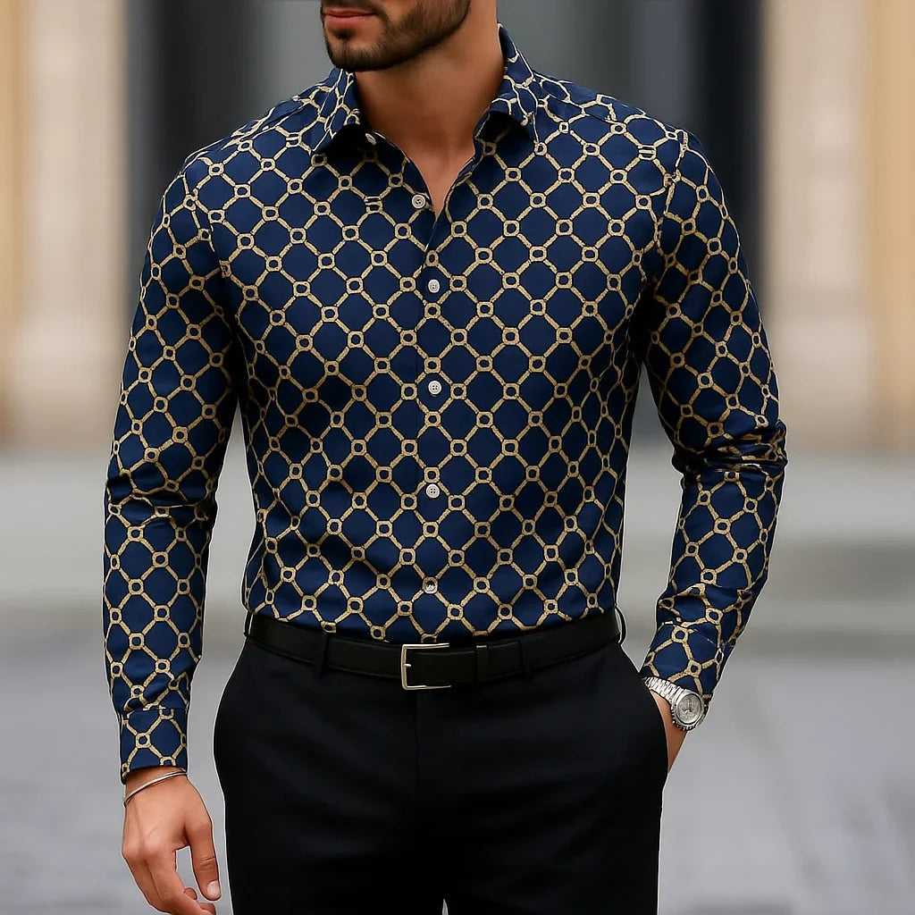 SHOWLU men's slim fit striped casual shirt with long sleeves, made of polyester fabric, stylish and comfortable for everyday wear.