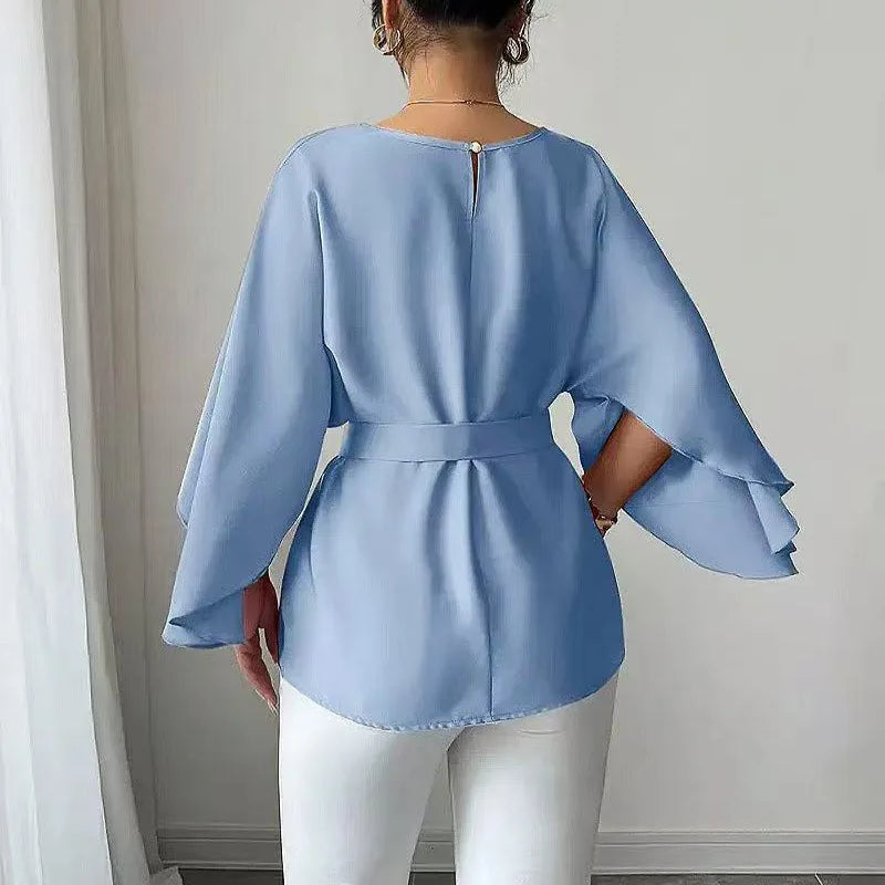 Showlu Fashion Store ILUKiss women's loose half sleeve blouse with belt, solid casual top, lightweight and stylish for everyday wear.